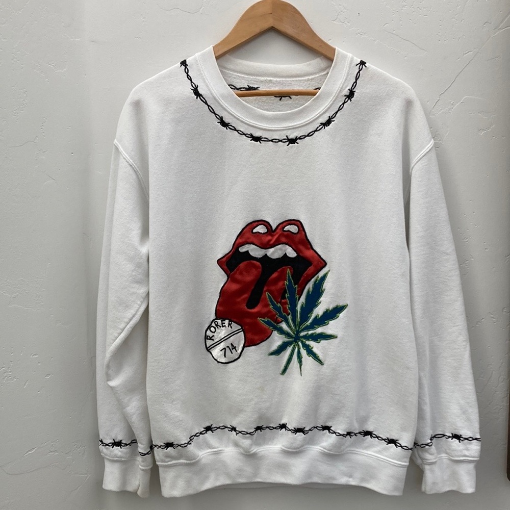 Handmade “Rolling Stones” lips weed pill patch vintage sweatshirt